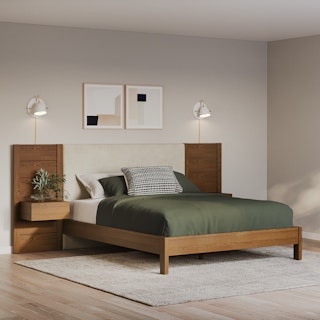 Cassie Queen Upholstered Bed with Nightstands - Smoked Oak and Taupe Chenille